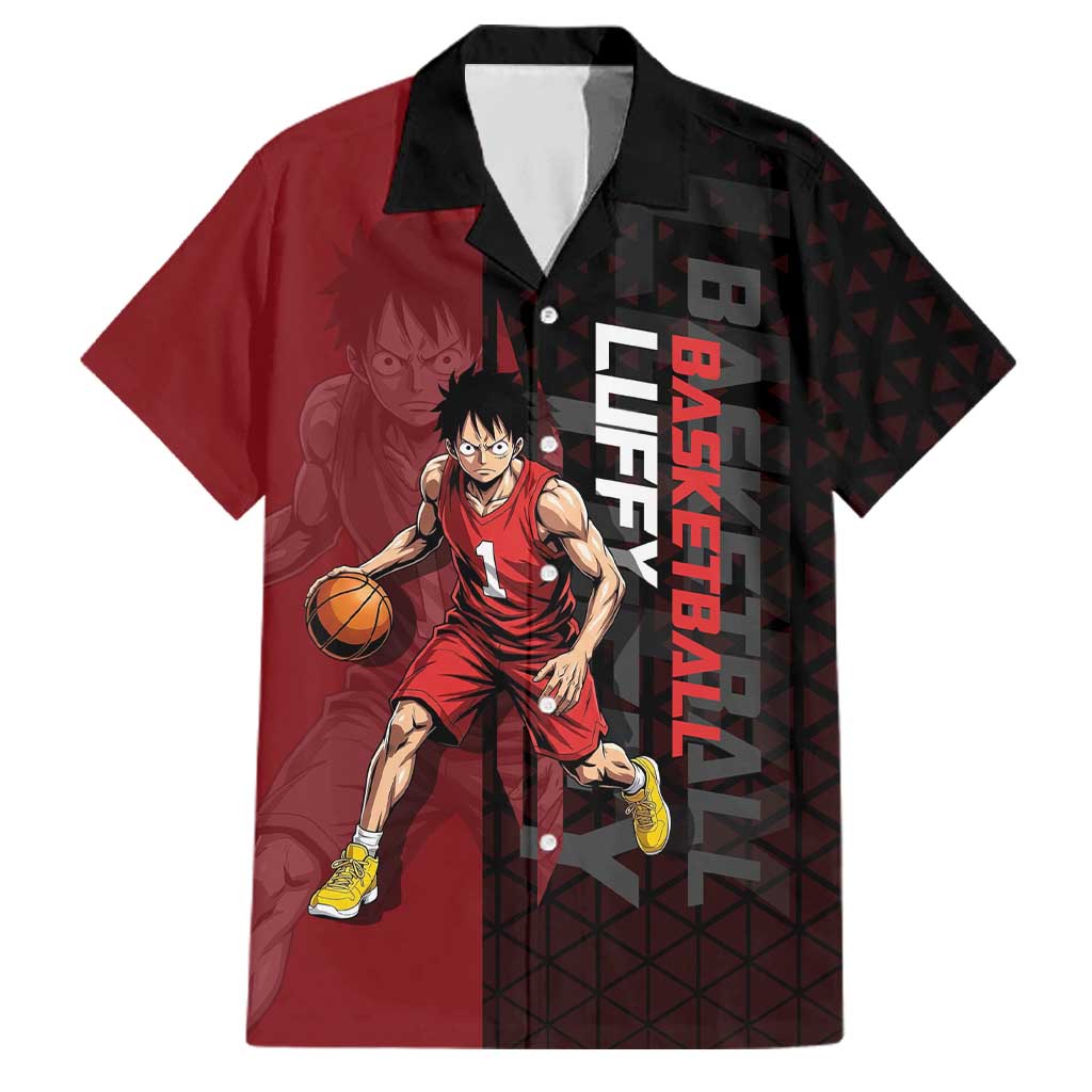 Luffy One Piece Basketball Theme Red and Black Design Family Matching Short Sleeve Bodycon Dress and Hawaiian Shirt with Straw Hat Pirate Logo and Sports Pose