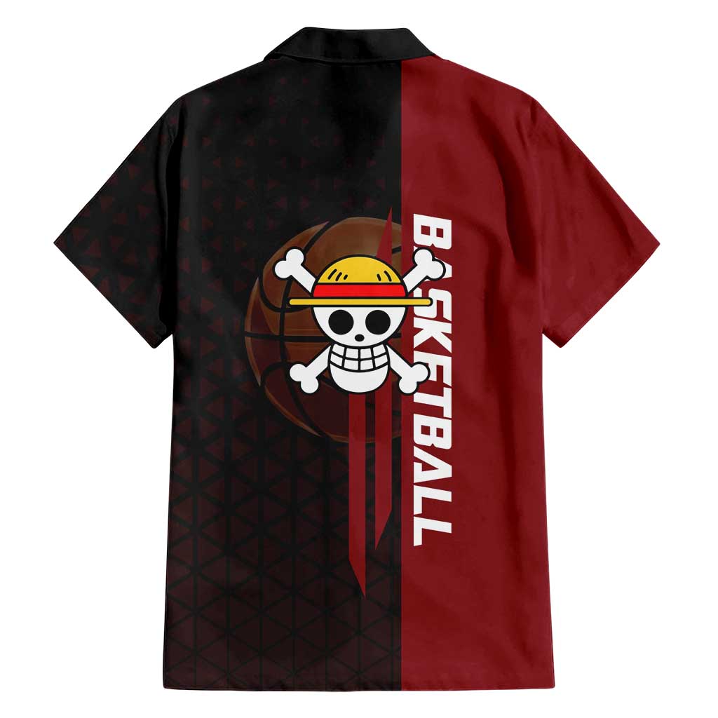 Luffy One Piece Basketball Theme Red and Black Design Family Matching Short Sleeve Bodycon Dress and Hawaiian Shirt with Straw Hat Pirate Logo and Sports Pose