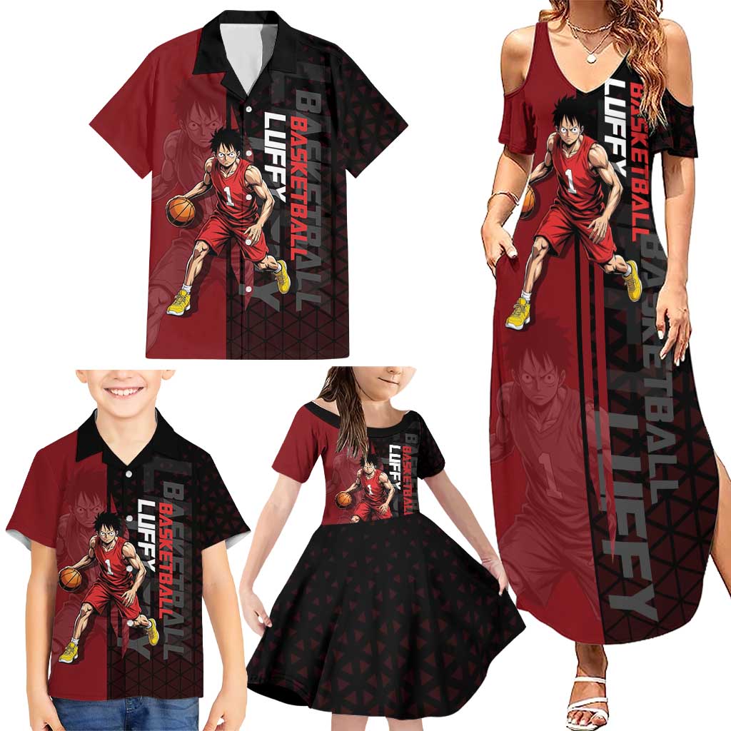 Luffy One Piece Basketball Theme Red and Black Design Family Matching Summer Maxi Dress and Hawaiian Shirt with Straw Hat Pirate Logo and Sports Pose