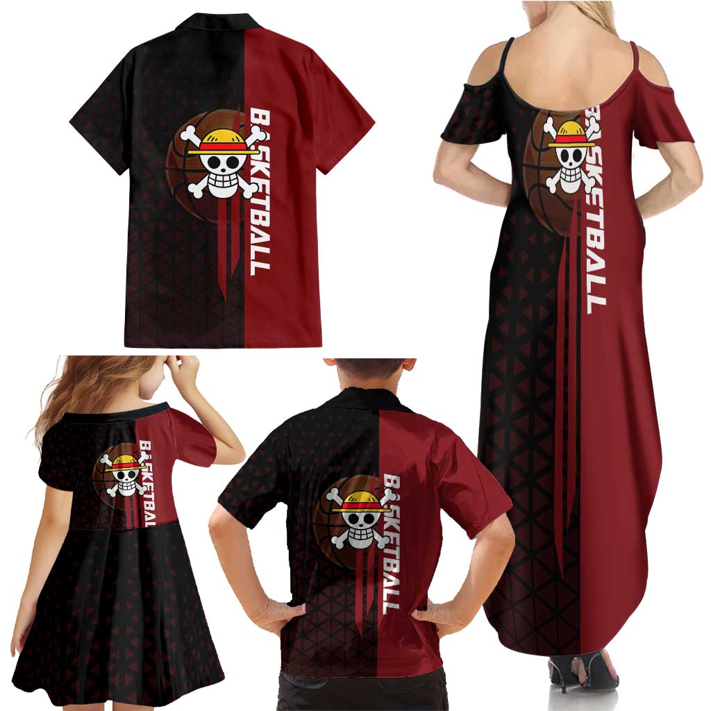 Luffy One Piece Basketball Theme Red and Black Design Family Matching Summer Maxi Dress and Hawaiian Shirt with Straw Hat Pirate Logo and Sports Pose
