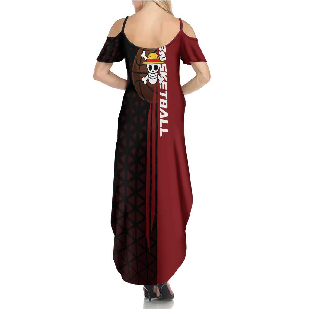 Luffy One Piece Basketball Theme Red and Black Design Family Matching Summer Maxi Dress and Hawaiian Shirt with Straw Hat Pirate Logo and Sports Pose