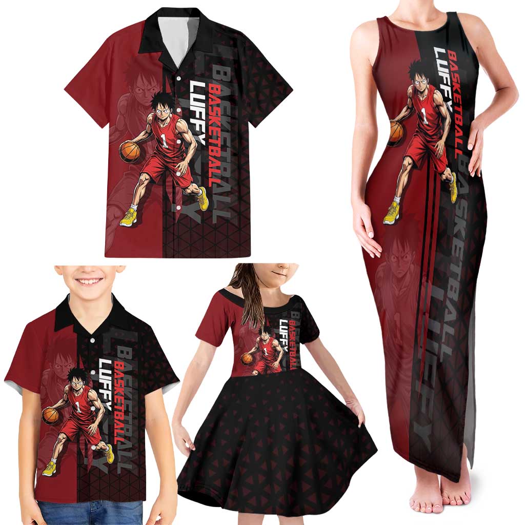 Luffy One Piece Basketball Theme Red and Black Design Family Matching Tank Maxi Dress and Hawaiian Shirt with Straw Hat Pirate Logo and Sports Pose