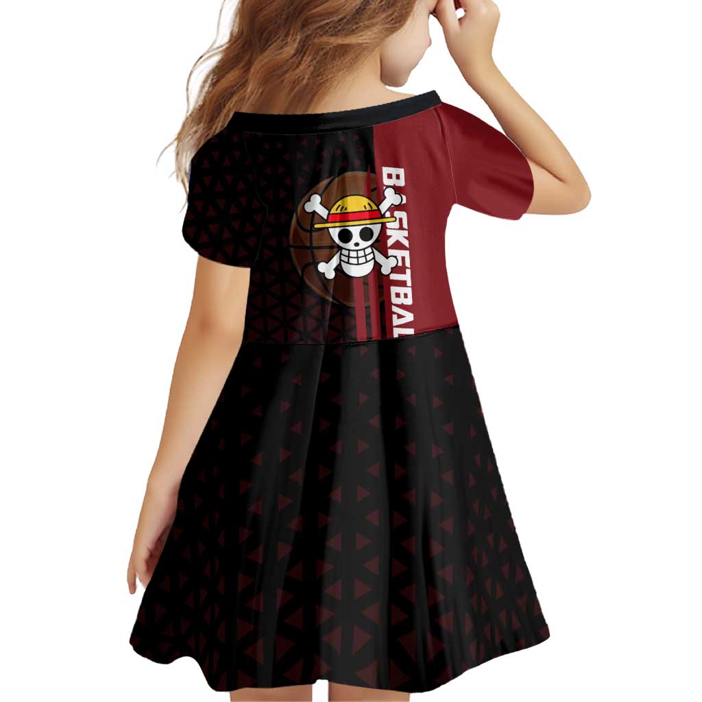 Luffy One Piece Basketball Theme Red and Black Design Family Matching Tank Maxi Dress and Hawaiian Shirt with Straw Hat Pirate Logo and Sports Pose