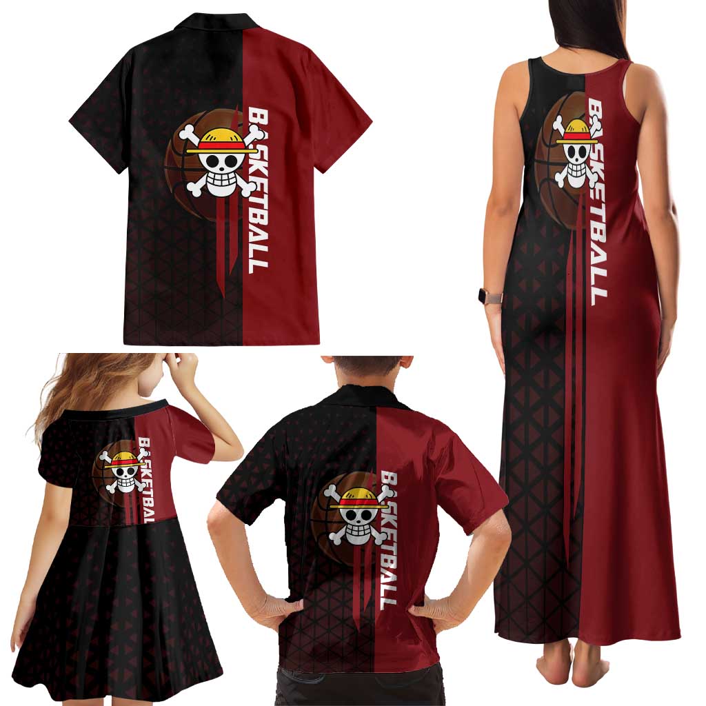 Luffy One Piece Basketball Theme Red and Black Design Family Matching Tank Maxi Dress and Hawaiian Shirt with Straw Hat Pirate Logo and Sports Pose