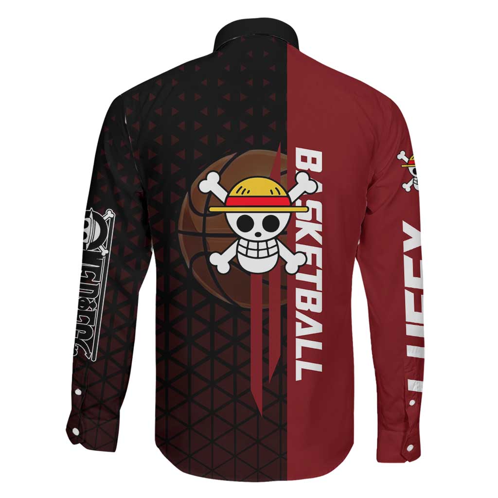 Luffy One Piece Basketball Theme Red and Black Design Family Matching Tank Maxi Dress and Hawaiian Shirt with Straw Hat Pirate Logo and Sports Pose