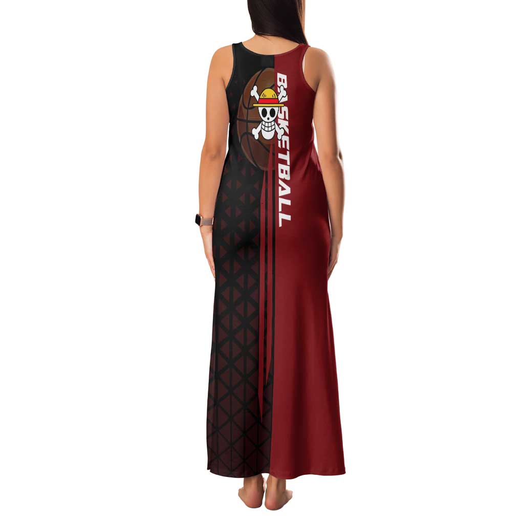 Luffy One Piece Basketball Theme Red and Black Design Family Matching Tank Maxi Dress and Hawaiian Shirt with Straw Hat Pirate Logo and Sports Pose