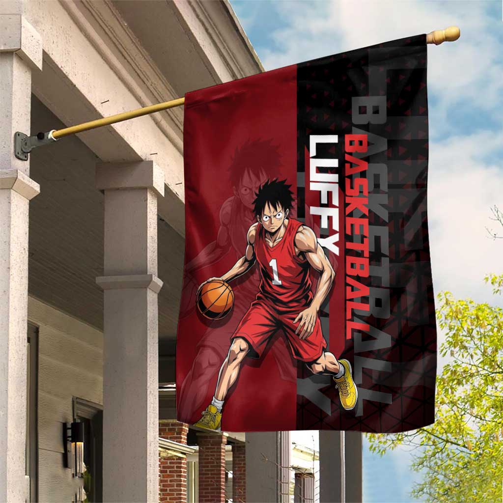 Luffy One Piece Basketball Theme Red and Black Design Garden Flag with Straw Hat Pirate Logo and Sports Pose - The Mazicc