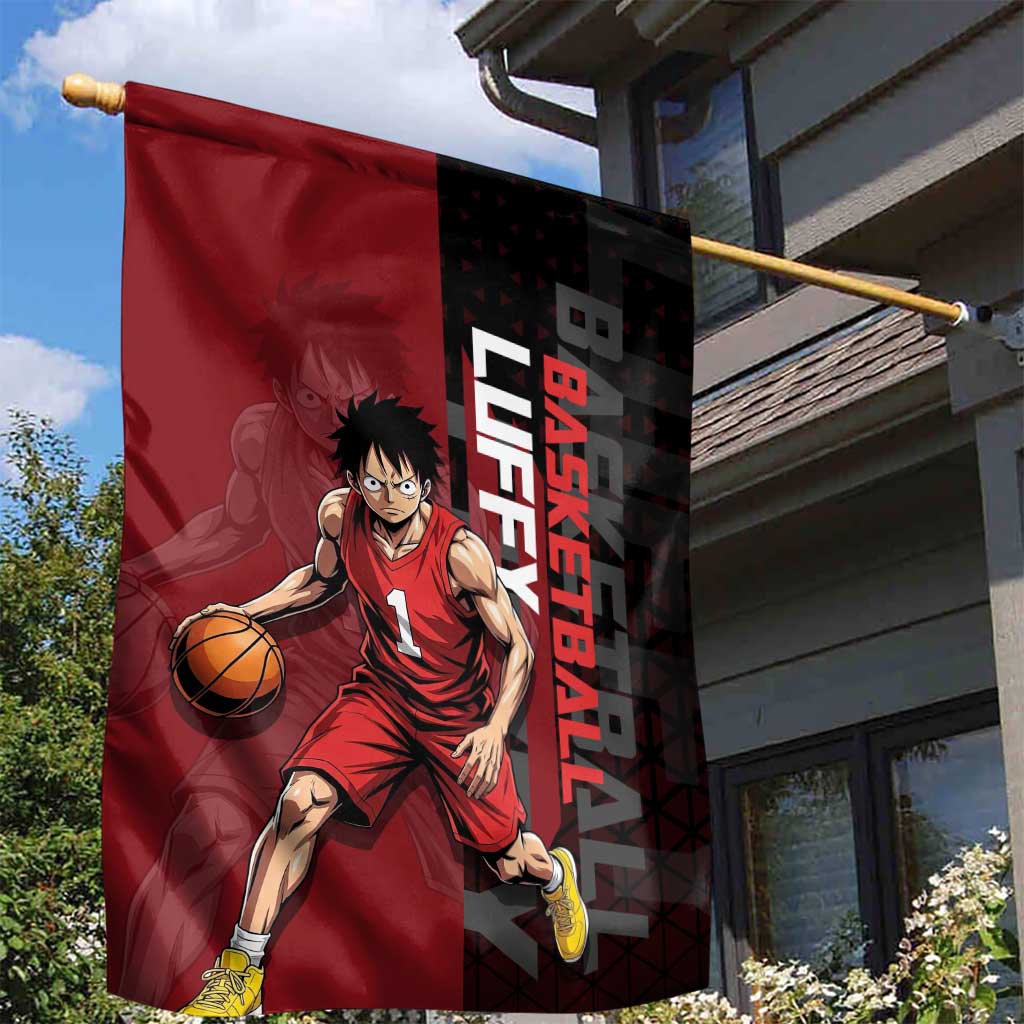 Luffy One Piece Basketball Theme Red and Black Design Garden Flag with Straw Hat Pirate Logo and Sports Pose - The Mazicc