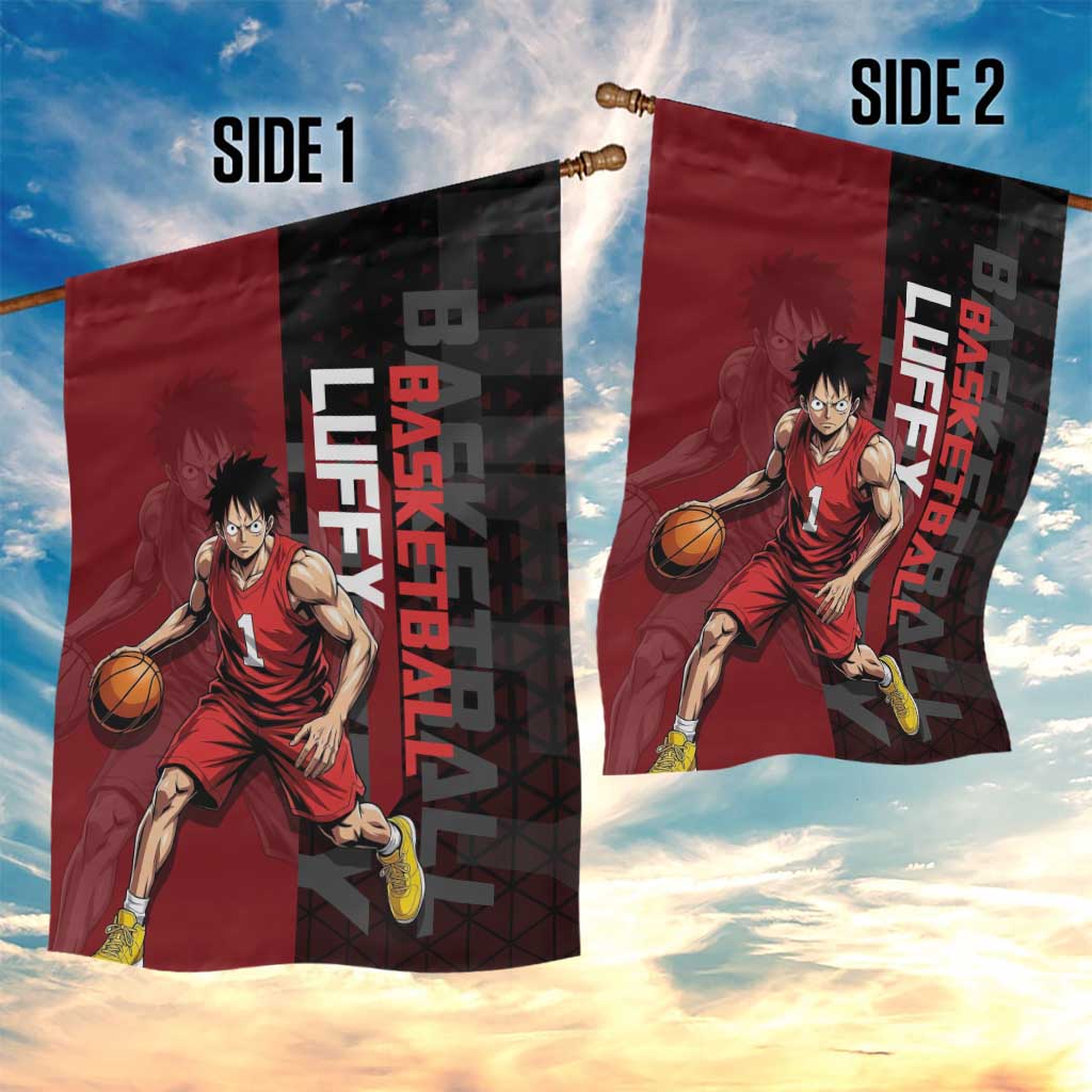 Luffy One Piece Basketball Theme Red and Black Design Garden Flag with Straw Hat Pirate Logo and Sports Pose - The Mazicc