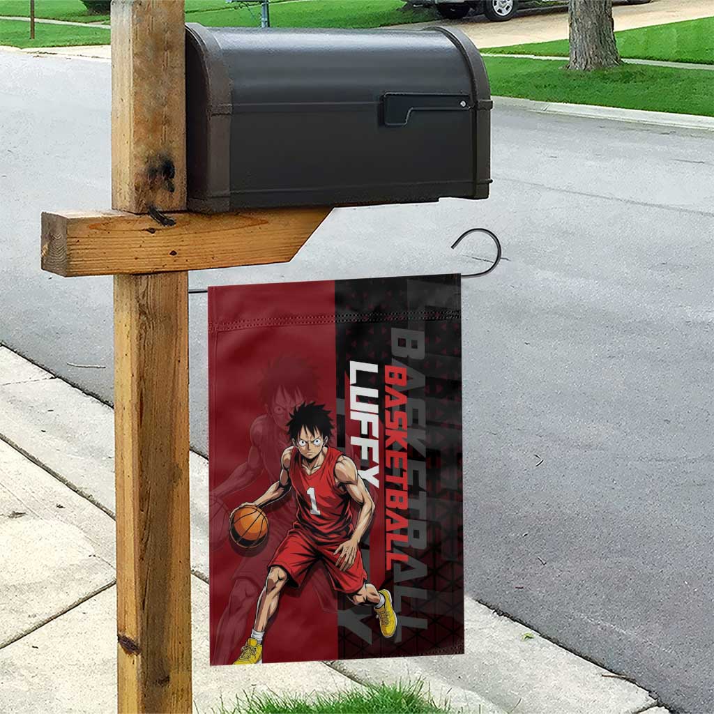 Luffy One Piece Basketball Theme Red and Black Design Garden Flag with Straw Hat Pirate Logo and Sports Pose - The Mazicc