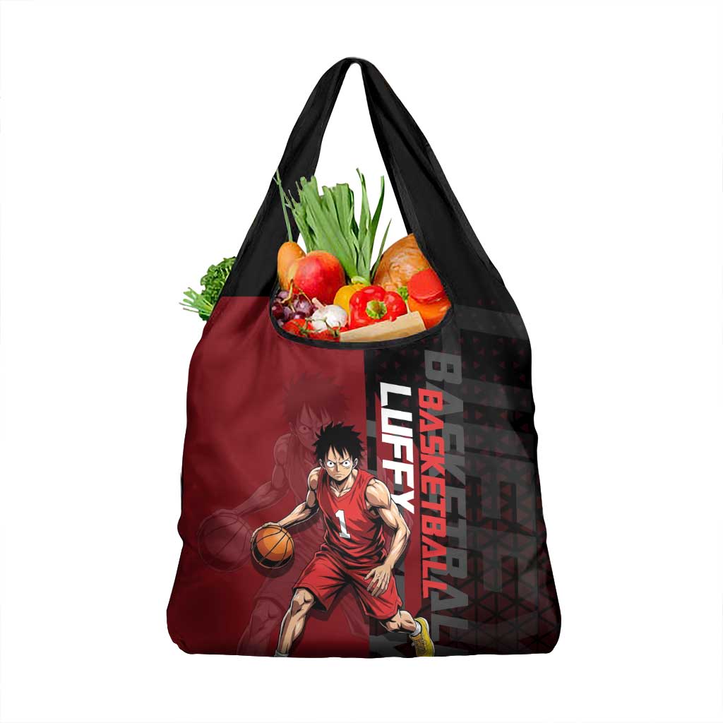 Luffy One Piece Basketball Theme Red and Black Design Grocery Bag with Straw Hat Pirate Logo and Sports Pose - The Mazicc