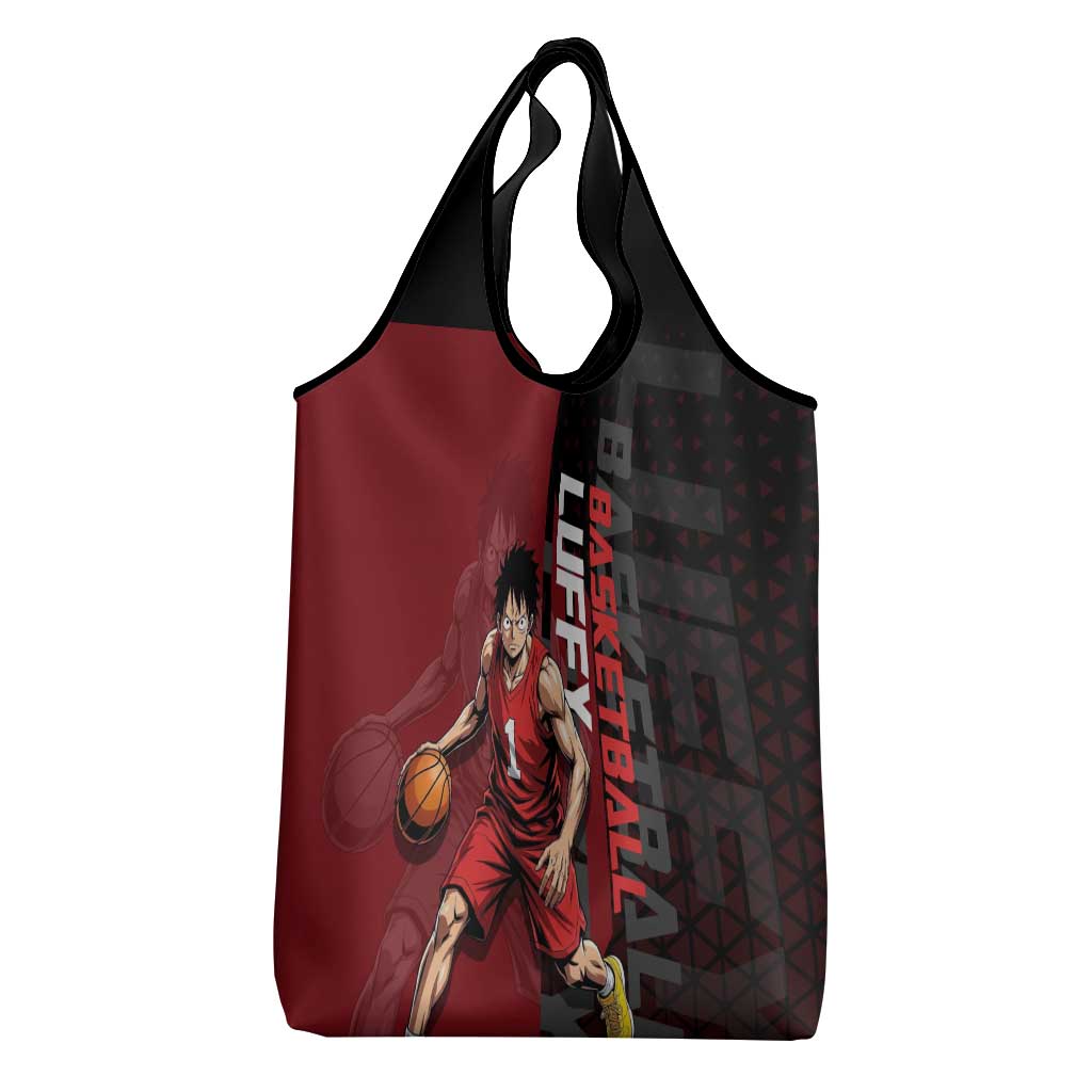 Luffy One Piece Basketball Theme Red and Black Design Grocery Bag with Straw Hat Pirate Logo and Sports Pose - The Mazicc