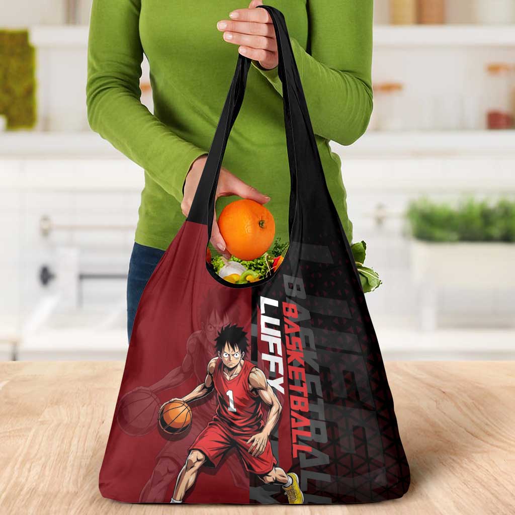 Luffy One Piece Basketball Theme Red and Black Design Grocery Bag with Straw Hat Pirate Logo and Sports Pose - The Mazicc