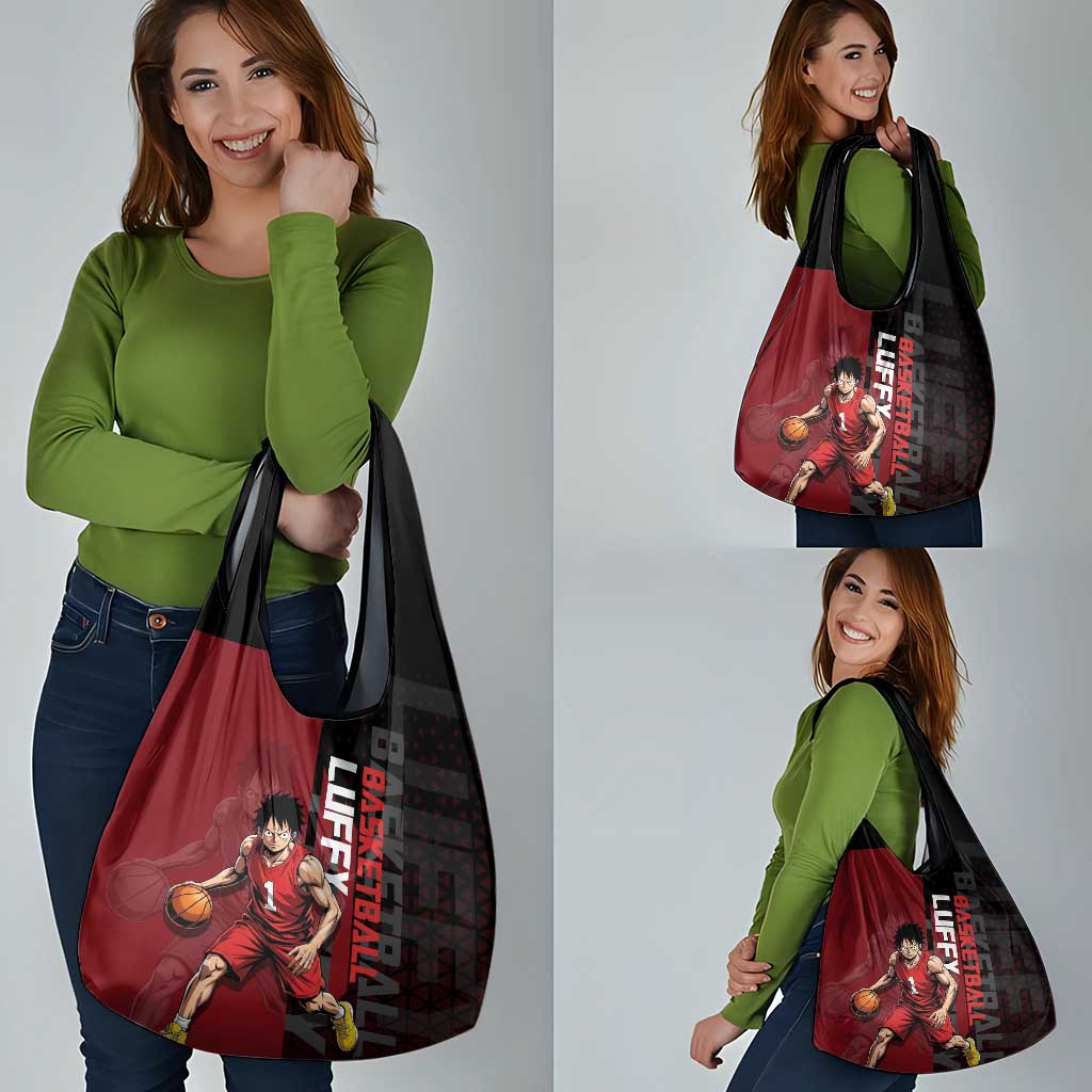 Luffy One Piece Basketball Theme Red and Black Design Grocery Bag with Straw Hat Pirate Logo and Sports Pose - The Mazicc