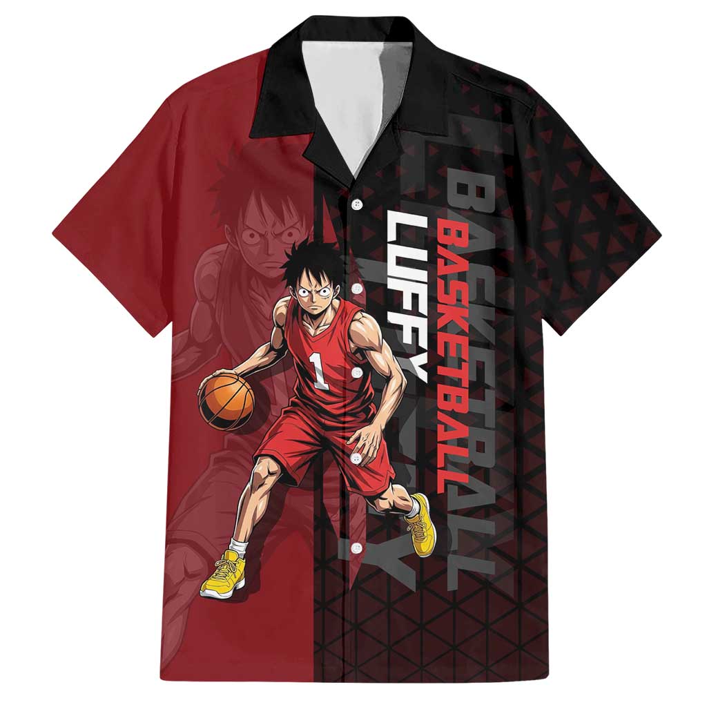Luffy One Piece Basketball Theme Red and Black Design Hawaiian Shirt with Straw Hat Pirate Logo and Sports Pose - The Mazicc