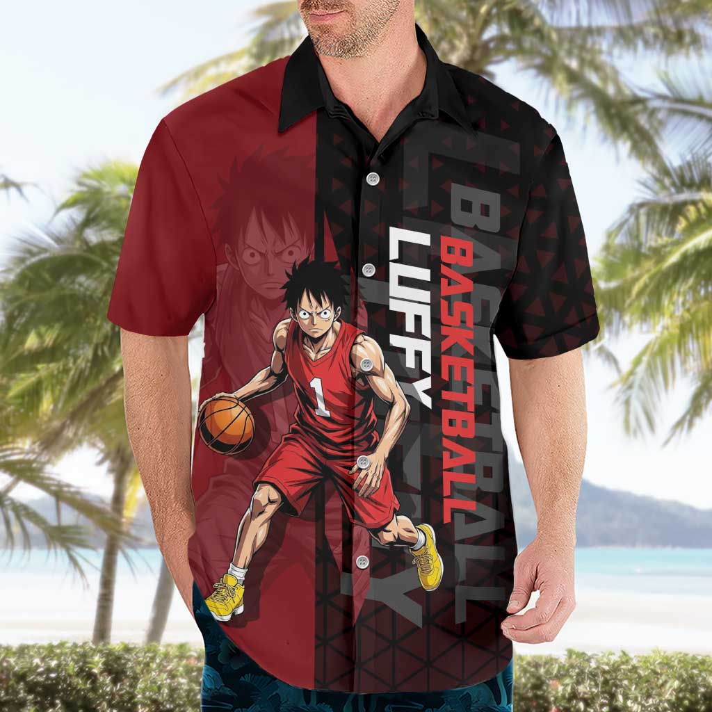 Luffy One Piece Basketball Theme Red and Black Design Hawaiian Shirt with Straw Hat Pirate Logo and Sports Pose - The Mazicc