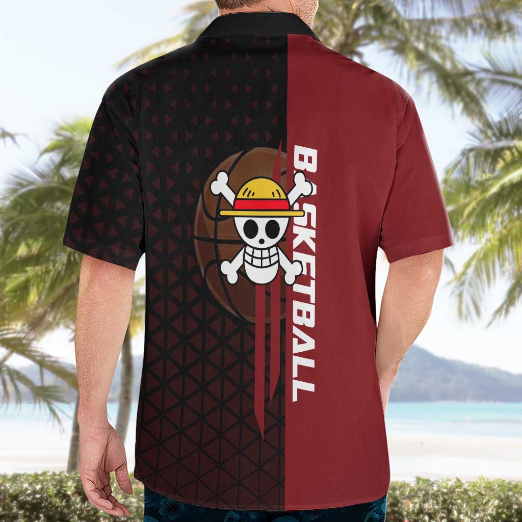 Luffy One Piece Basketball Theme Red and Black Design Hawaiian Shirt with Straw Hat Pirate Logo and Sports Pose - The Mazicc