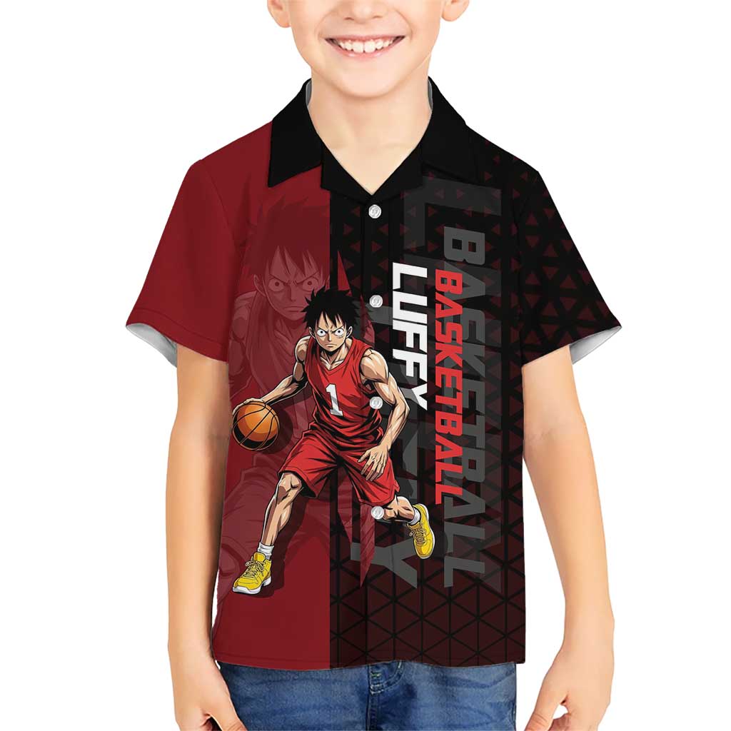 Luffy One Piece Basketball Theme Red and Black Design Hawaiian Shirt with Straw Hat Pirate Logo and Sports Pose - The Mazicc