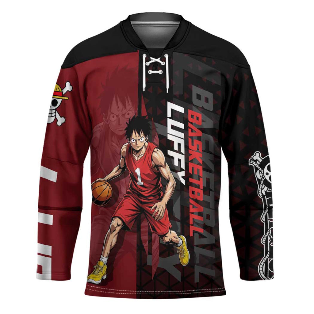 Luffy One Piece Basketball Theme Red and Black Design Hockey Jersey with Straw Hat Pirate Logo and Sports Pose - The Mazicc