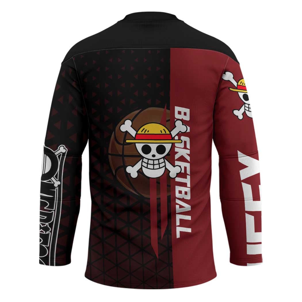 Luffy One Piece Basketball Theme Red and Black Design Hockey Jersey with Straw Hat Pirate Logo and Sports Pose - The Mazicc