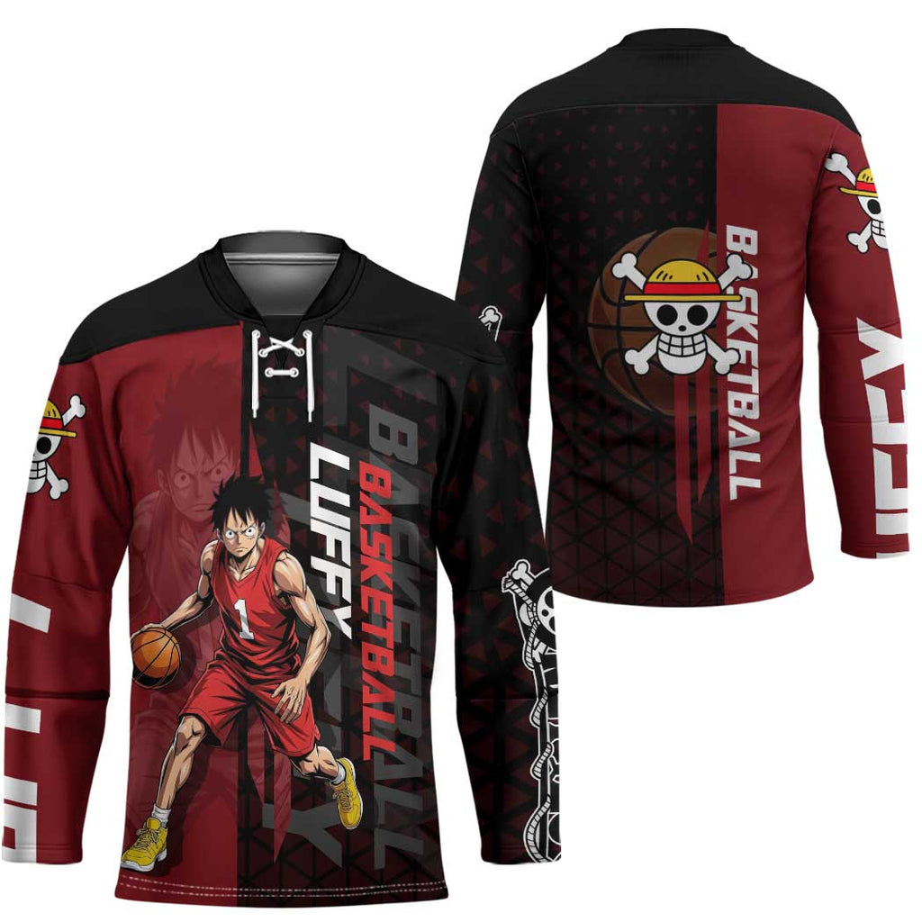 Luffy One Piece Basketball Theme Red and Black Design Hockey Jersey with Straw Hat Pirate Logo and Sports Pose - The Mazicc