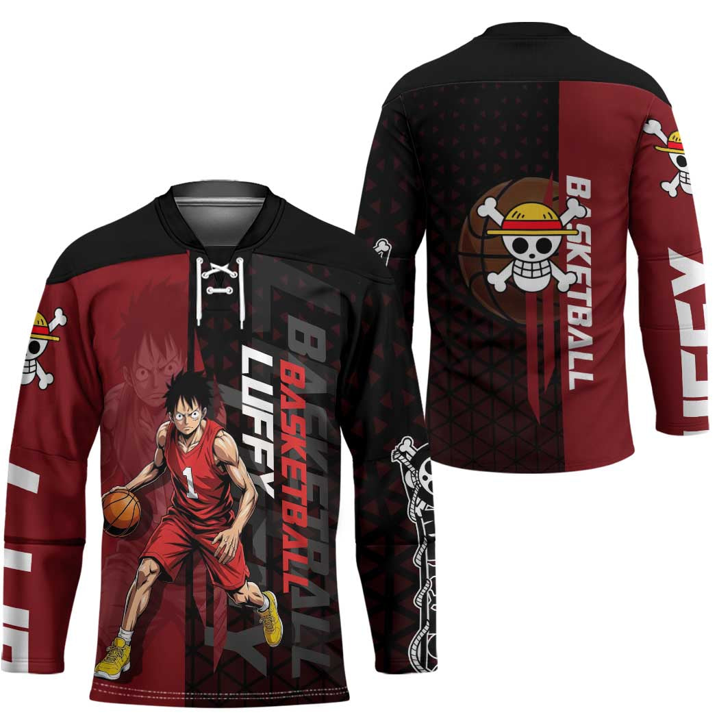 Luffy One Piece Basketball Theme Red and Black Design Hockey Jersey with Straw Hat Pirate Logo and Sports Pose - The Mazicc