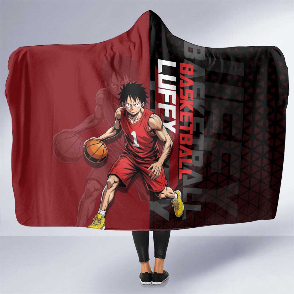 Luffy One Piece Basketball Theme Red and Black Design Hooded Blanket with Straw Hat Pirate Logo and Sports Pose - The Mazicc