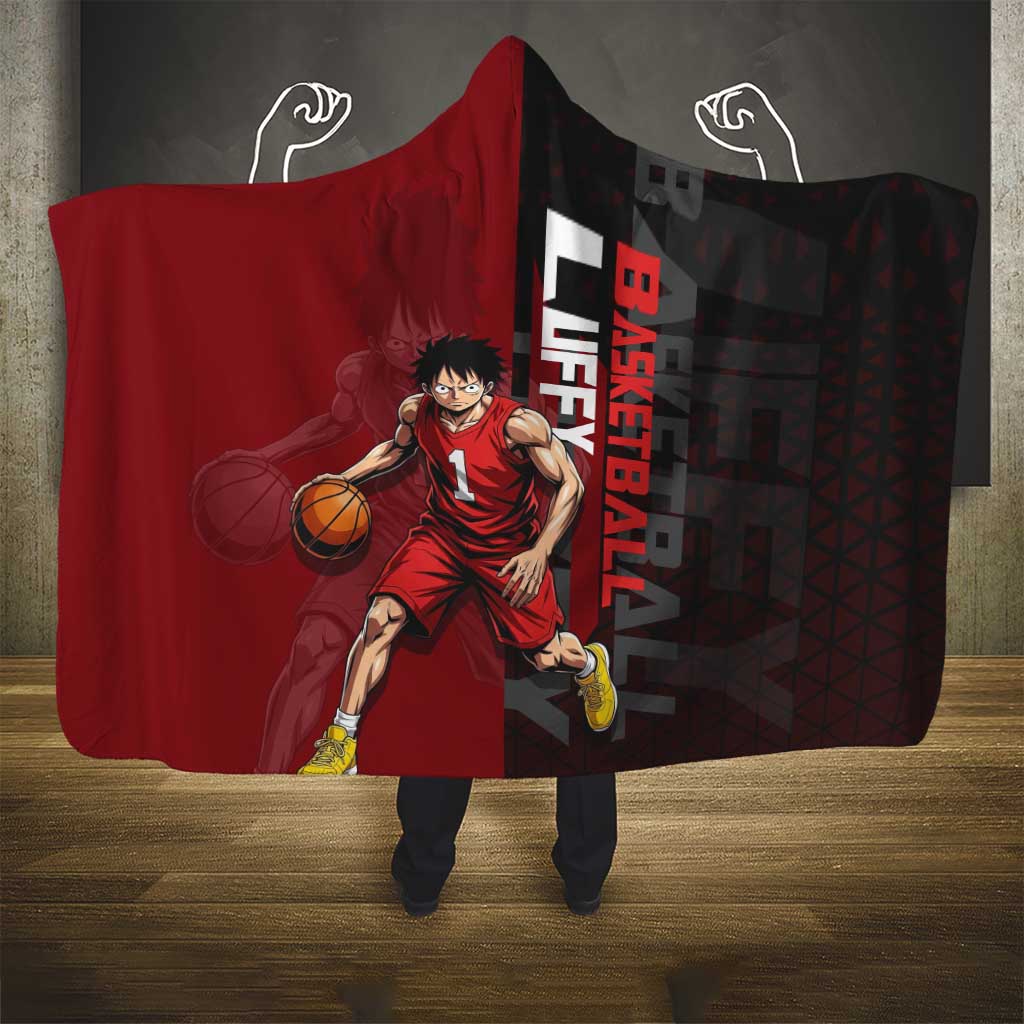 Luffy One Piece Basketball Theme Red and Black Design Hooded Blanket with Straw Hat Pirate Logo and Sports Pose - The Mazicc