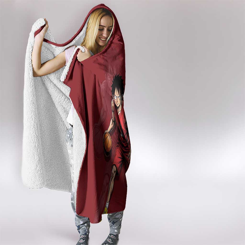 Luffy One Piece Basketball Theme Red and Black Design Hooded Blanket with Straw Hat Pirate Logo and Sports Pose - The Mazicc
