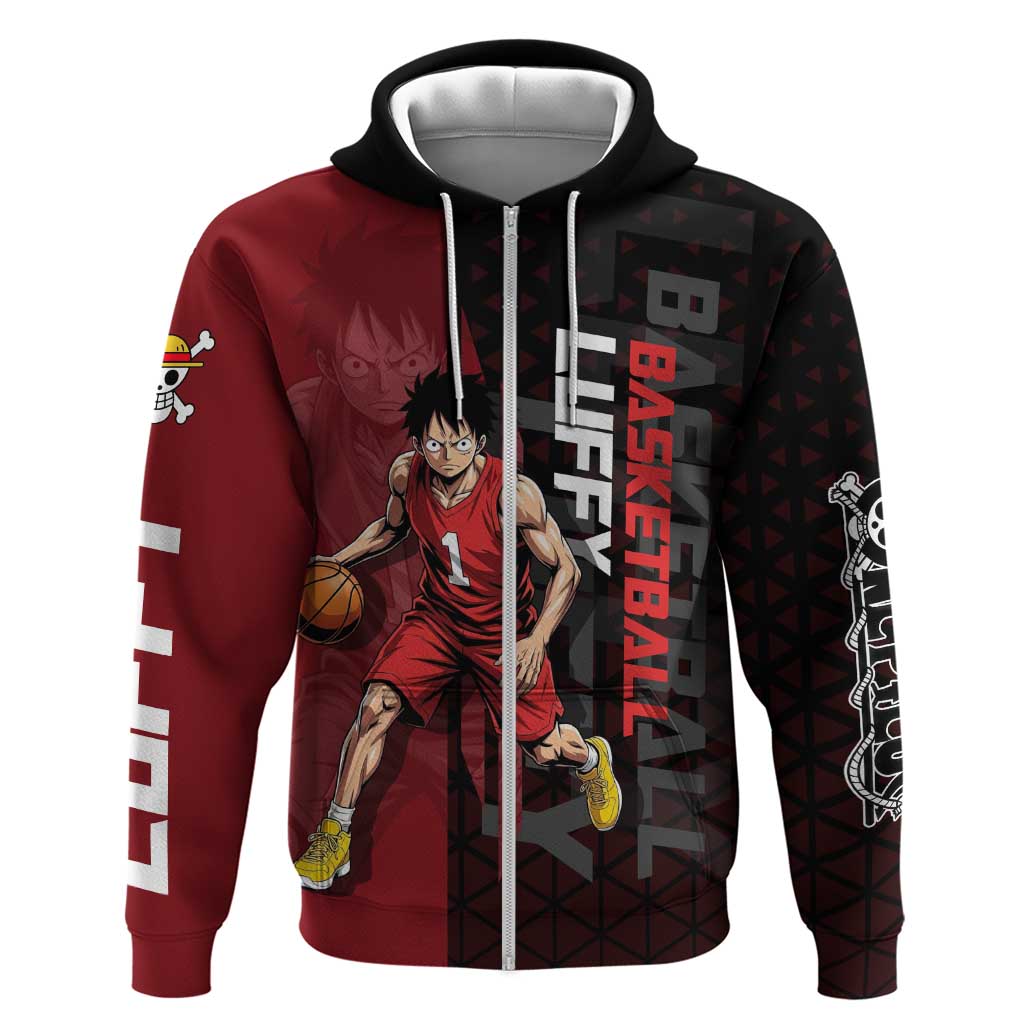 Luffy One Piece Basketball Theme Red and Black Design Hoodie with Straw Hat Pirate Logo and Sports Pose - The Mazicc