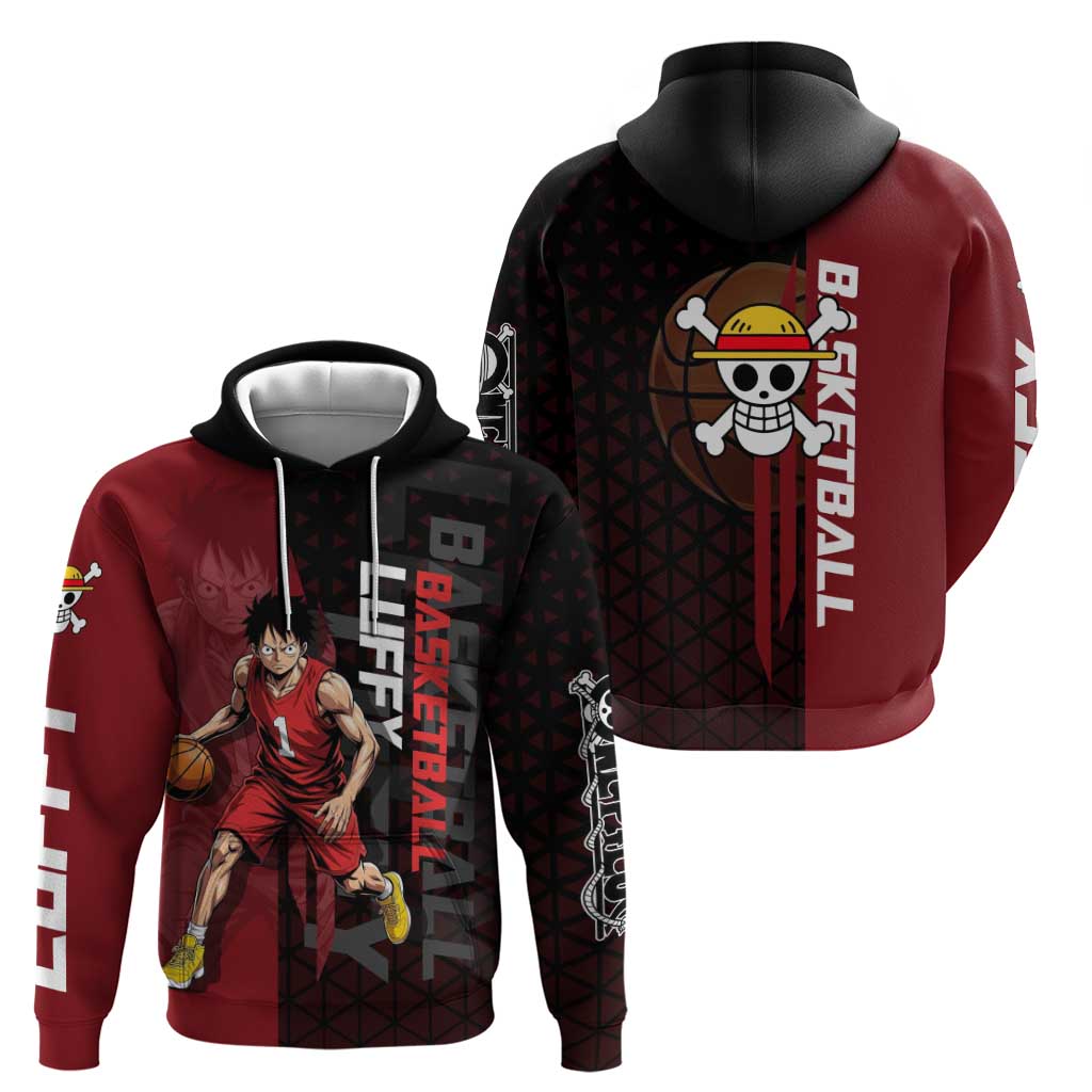 Luffy One Piece Basketball Theme Red and Black Design Hoodie with Straw Hat Pirate Logo and Sports Pose - The Mazicc