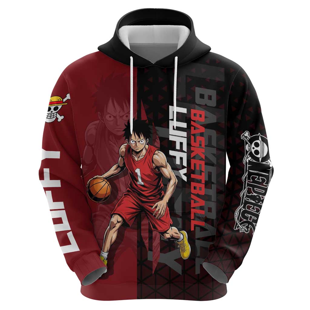 Luffy One Piece Basketball Theme Red and Black Design Hoodie with Straw Hat Pirate Logo and Sports Pose - The Mazicc