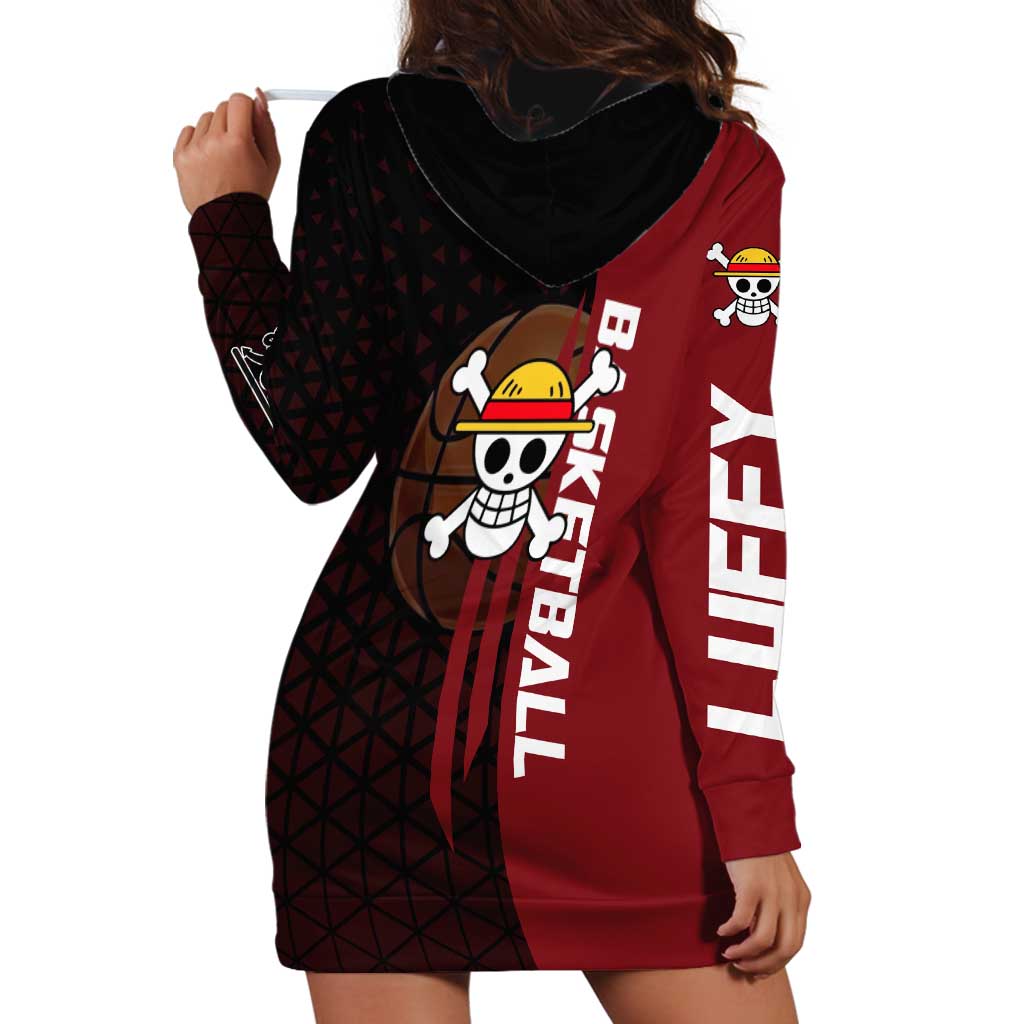 Luffy One Piece Basketball Theme Red and Black Design Hoodie Dress with Straw Hat Pirate Logo and Sports Pose - The Mazicc