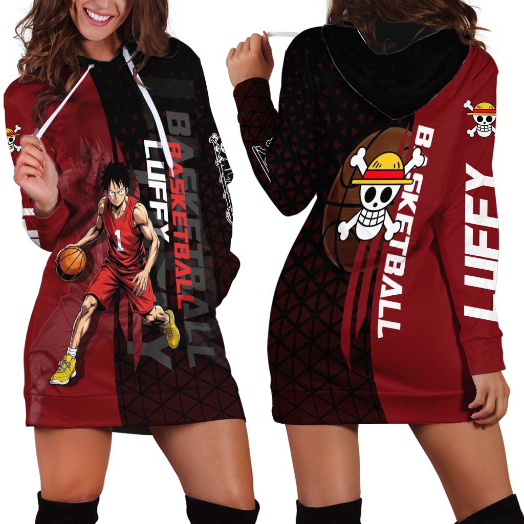 Luffy One Piece Basketball Theme Red and Black Design Hoodie Dress with Straw Hat Pirate Logo and Sports Pose - The Mazicc