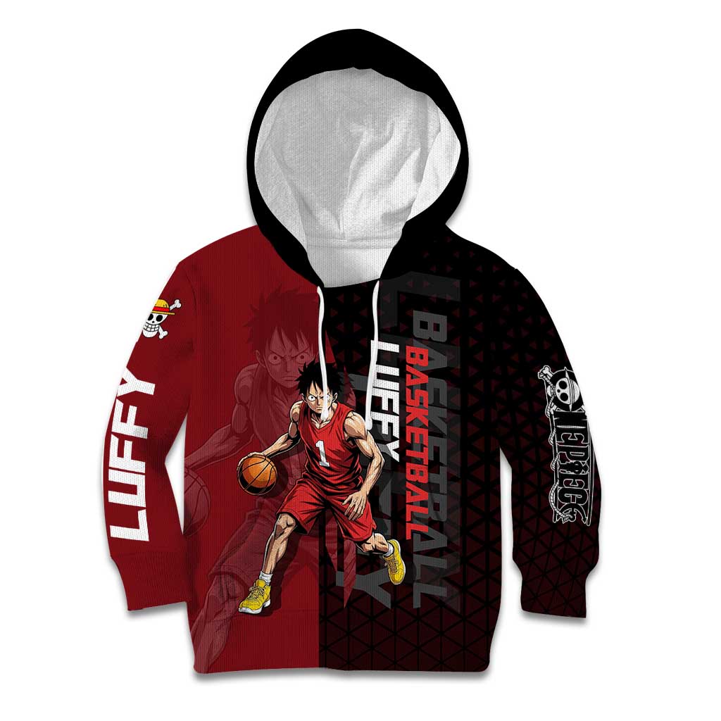 Luffy One Piece Basketball Theme Red and Black Design Kid Hoodie with Straw Hat Pirate Logo and Sports Pose - The Mazicc