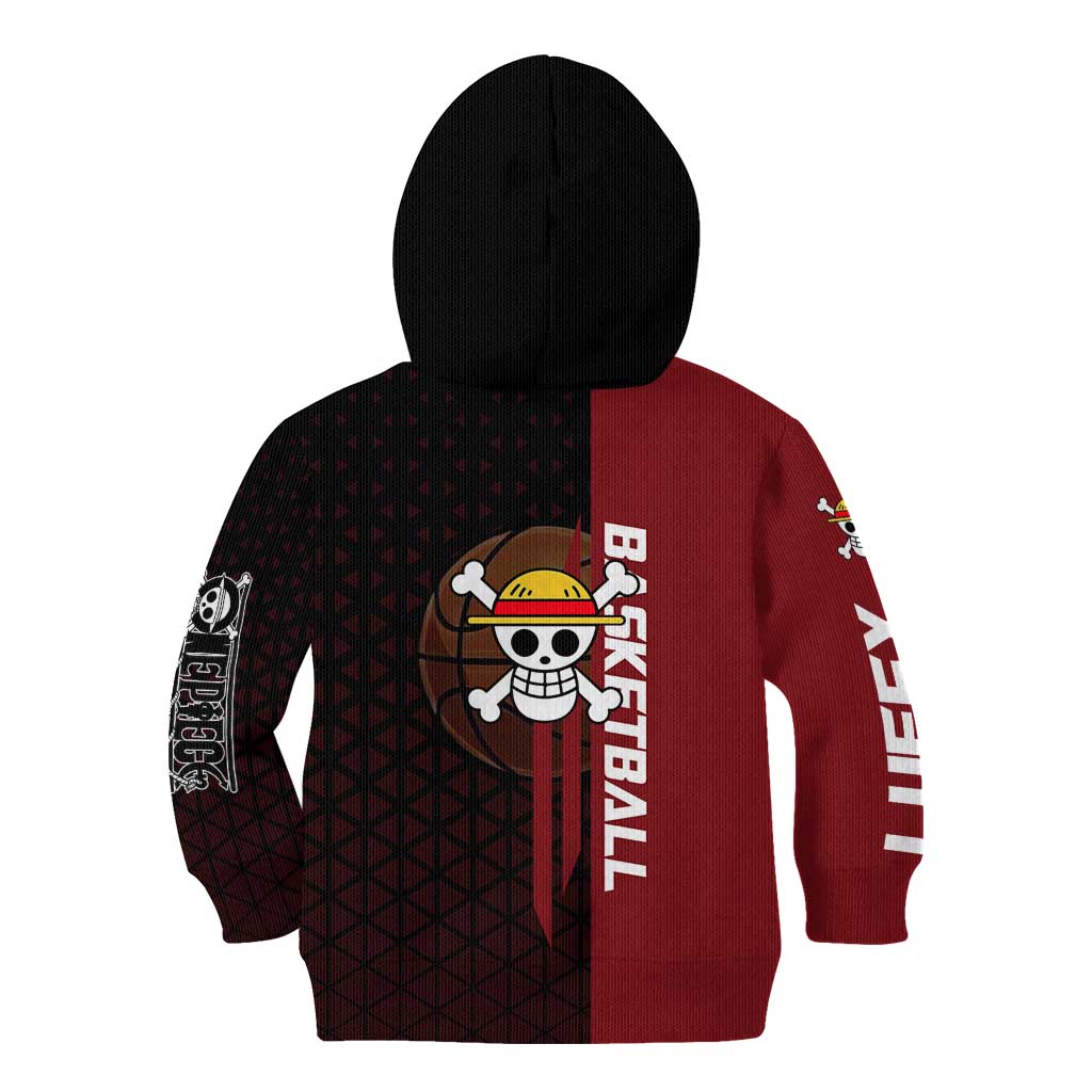 Luffy One Piece Basketball Theme Red and Black Design Kid Hoodie with Straw Hat Pirate Logo and Sports Pose - The Mazicc