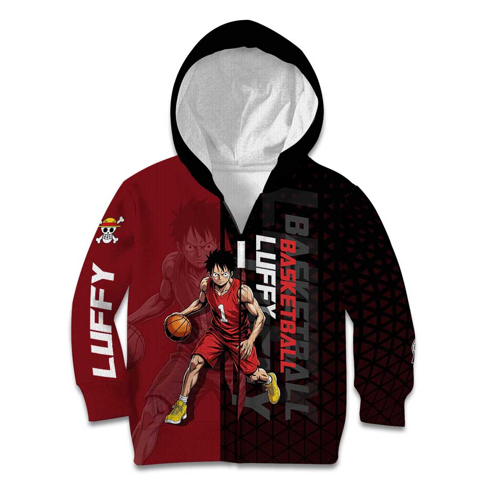 Luffy One Piece Basketball Theme Red and Black Design Kid Hoodie with Straw Hat Pirate Logo and Sports Pose - The Mazicc