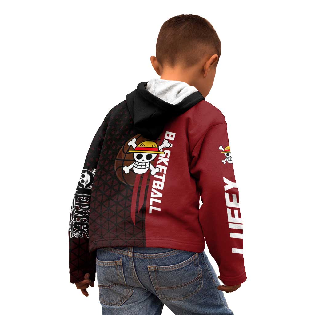 Luffy One Piece Basketball Theme Red and Black Design Kid Hoodie with Straw Hat Pirate Logo and Sports Pose - The Mazicc