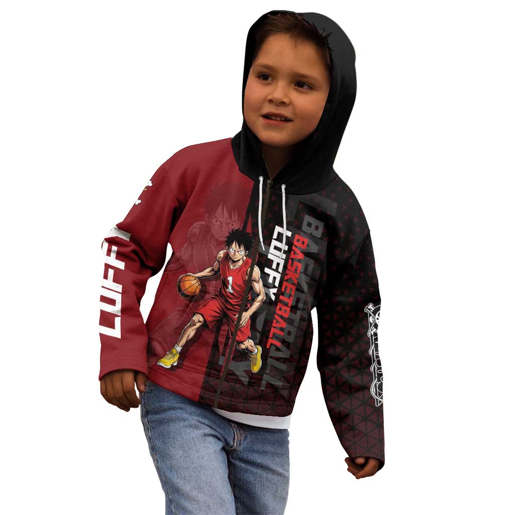 Luffy One Piece Basketball Theme Red and Black Design Kid Hoodie with Straw Hat Pirate Logo and Sports Pose - The Mazicc