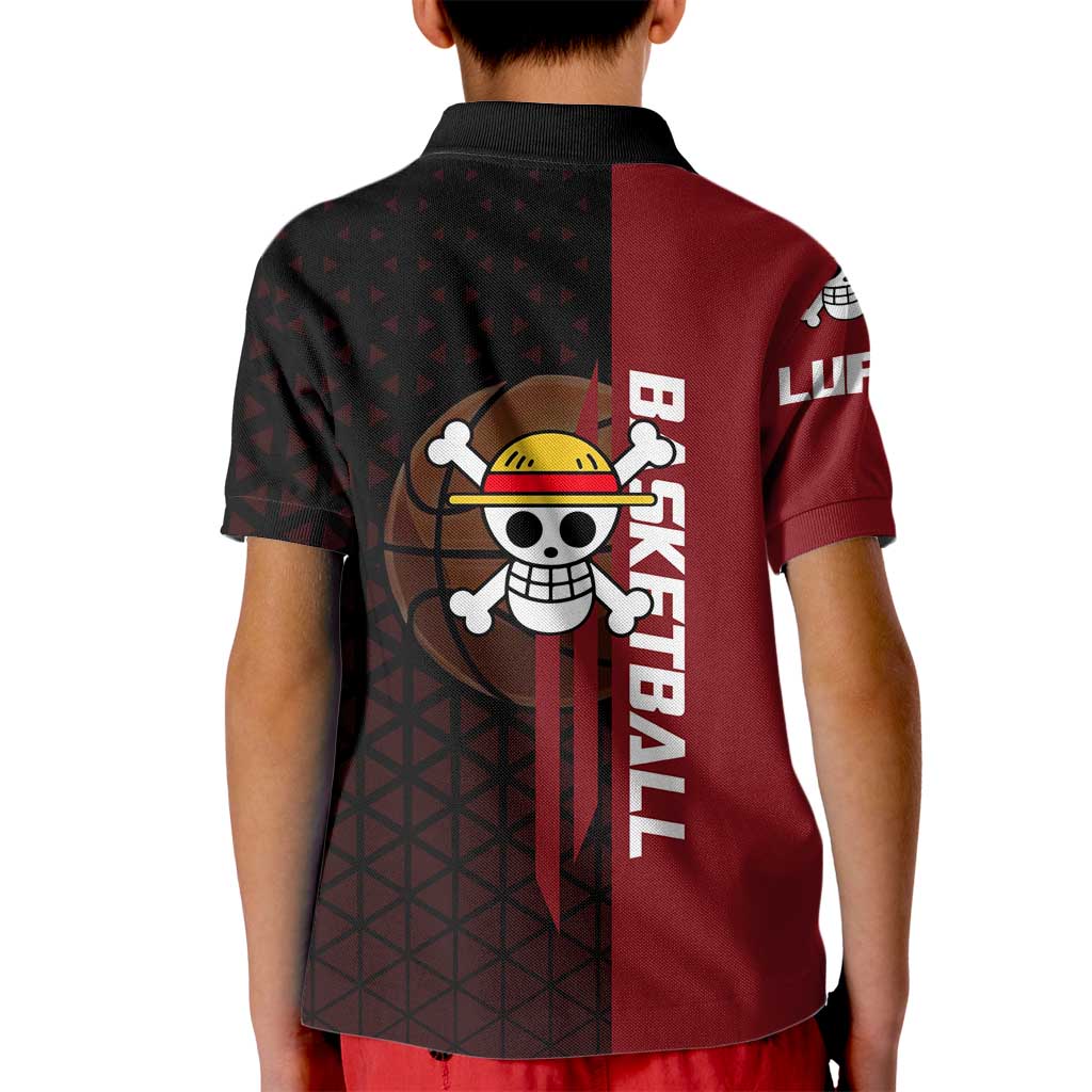 Luffy One Piece Basketball Theme Red and Black Design Kid Polo Shirt with Straw Hat Pirate Logo and Sports Pose - The Mazicc
