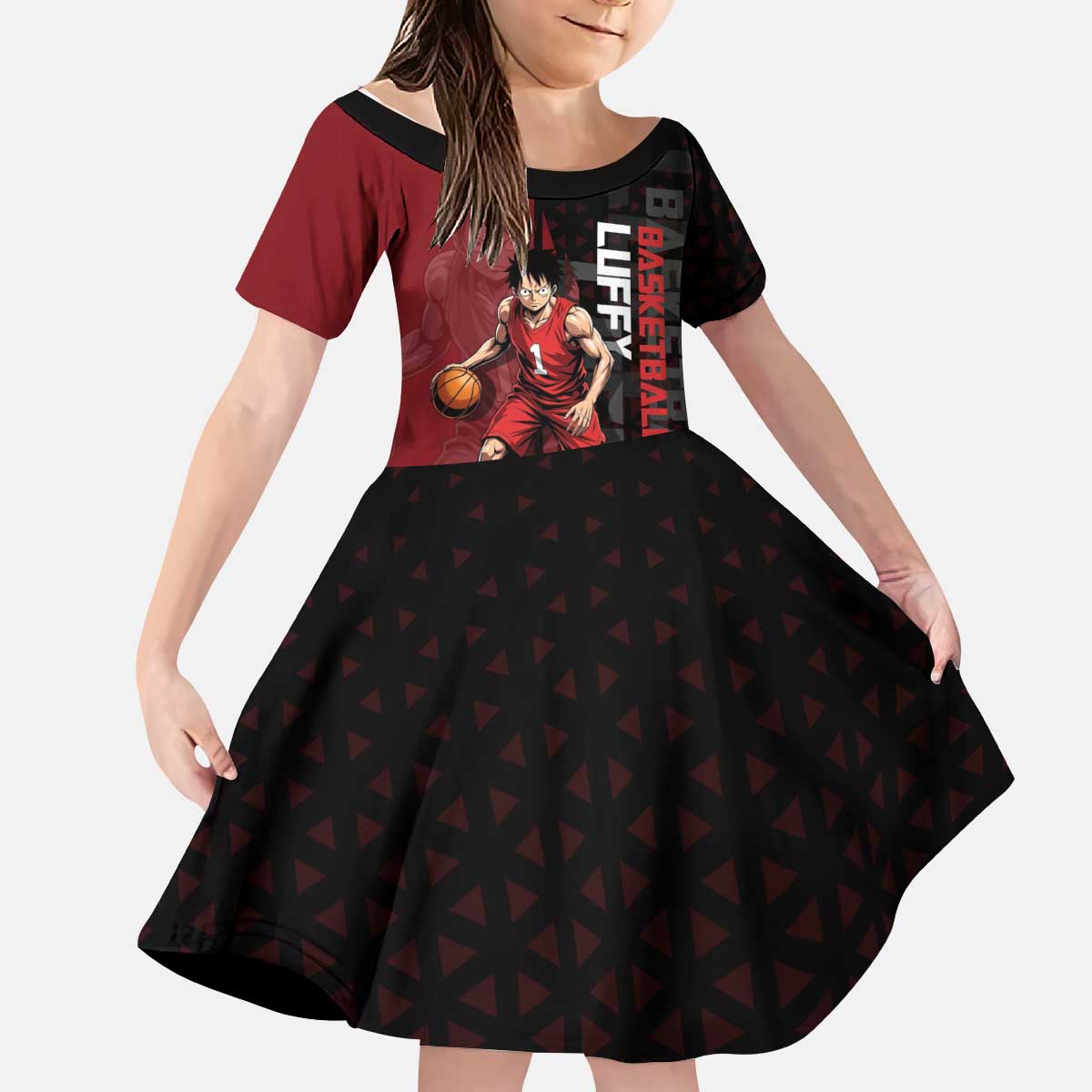 Luffy One Piece Basketball Theme Red and Black Design Kid Short Sleeve Dress with Straw Hat Pirate Logo and Sports Pose - The Mazicc