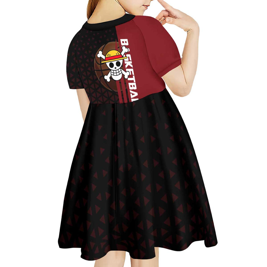 Luffy One Piece Basketball Theme Red and Black Design Kid Short Sleeve Dress with Straw Hat Pirate Logo and Sports Pose - The Mazicc