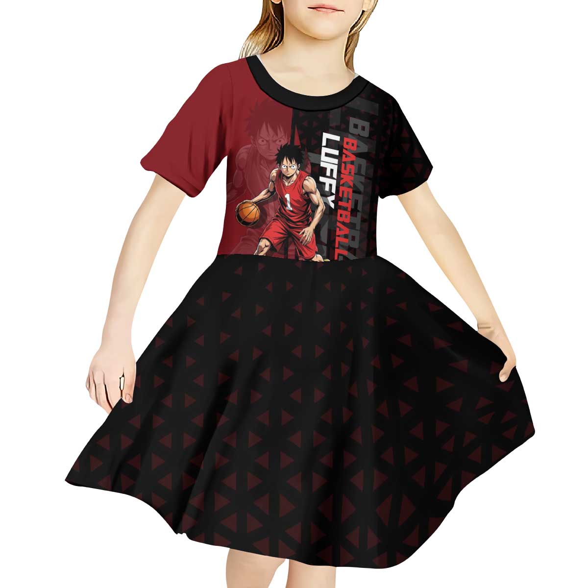 Luffy One Piece Basketball Theme Red and Black Design Kid Short Sleeve Dress with Straw Hat Pirate Logo and Sports Pose - The Mazicc