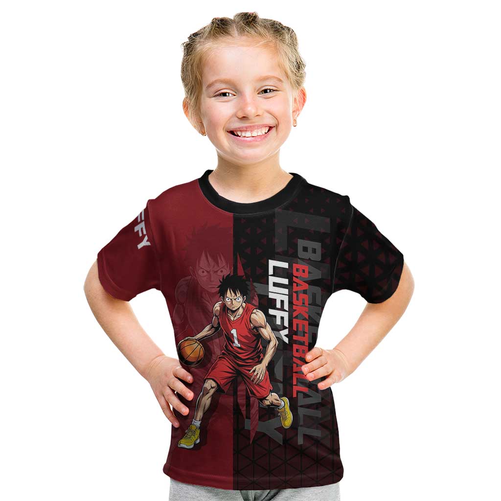 Luffy One Piece Basketball Theme Red and Black Design Kid T Shirt with Straw Hat Pirate Logo and Sports Pose - The Mazicc