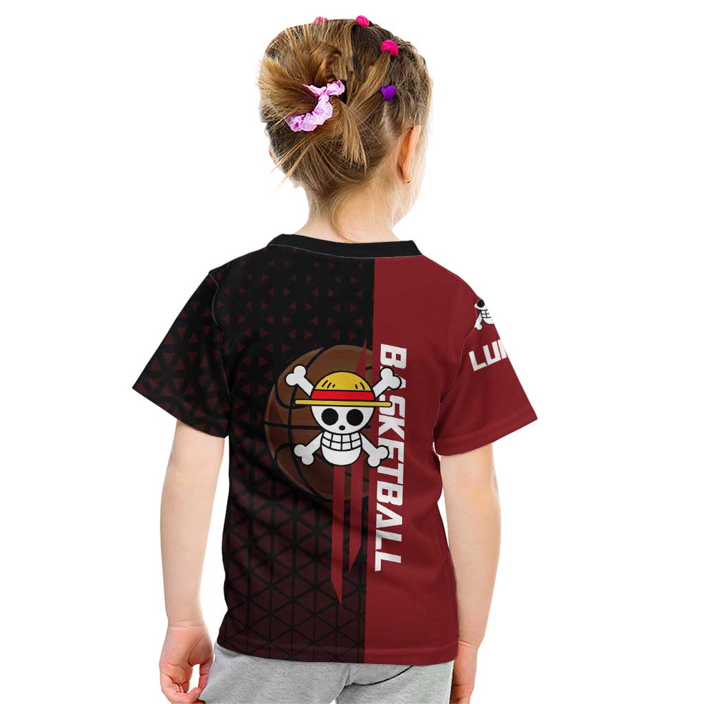 Luffy One Piece Basketball Theme Red and Black Design Kid T Shirt with Straw Hat Pirate Logo and Sports Pose - The Mazicc
