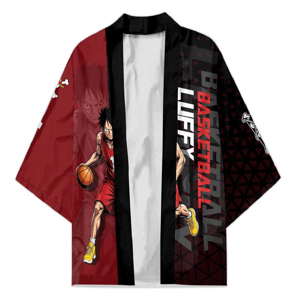 Luffy One Piece Basketball Theme Red and Black Design Kimono with Straw Hat Pirate Logo and Sports Pose - The Mazicc