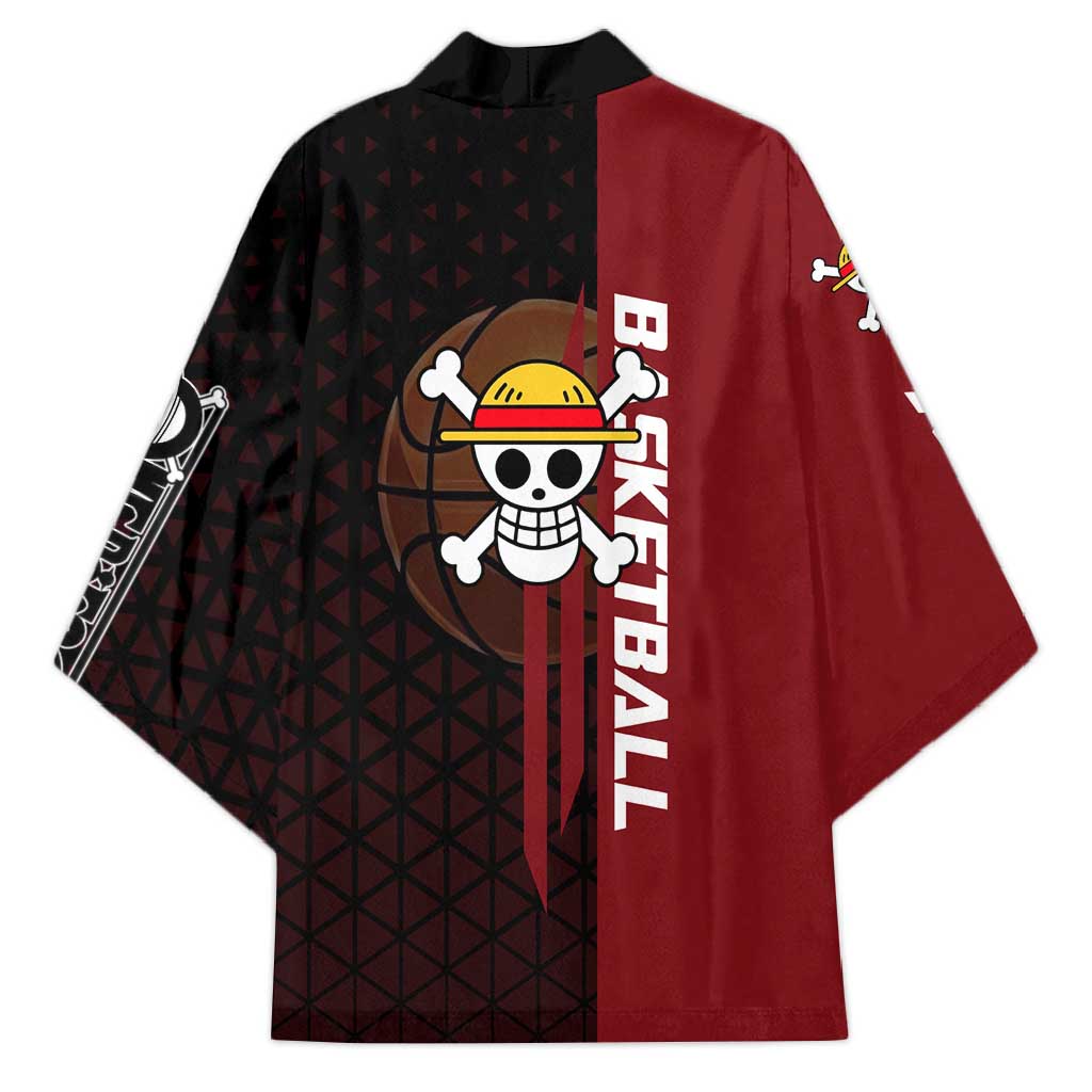 Luffy One Piece Basketball Theme Red and Black Design Kimono with Straw Hat Pirate Logo and Sports Pose - The Mazicc