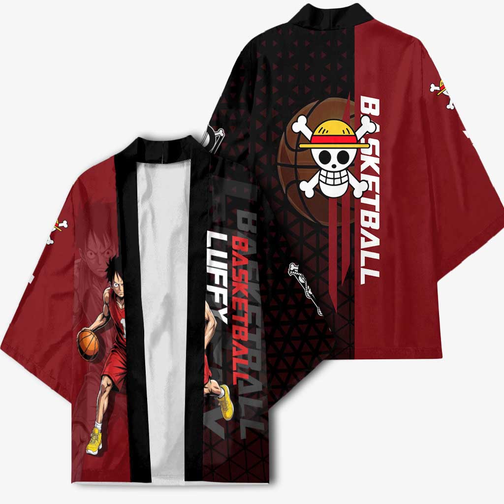 Luffy One Piece Basketball Theme Red and Black Design Kimono with Straw Hat Pirate Logo and Sports Pose - The Mazicc
