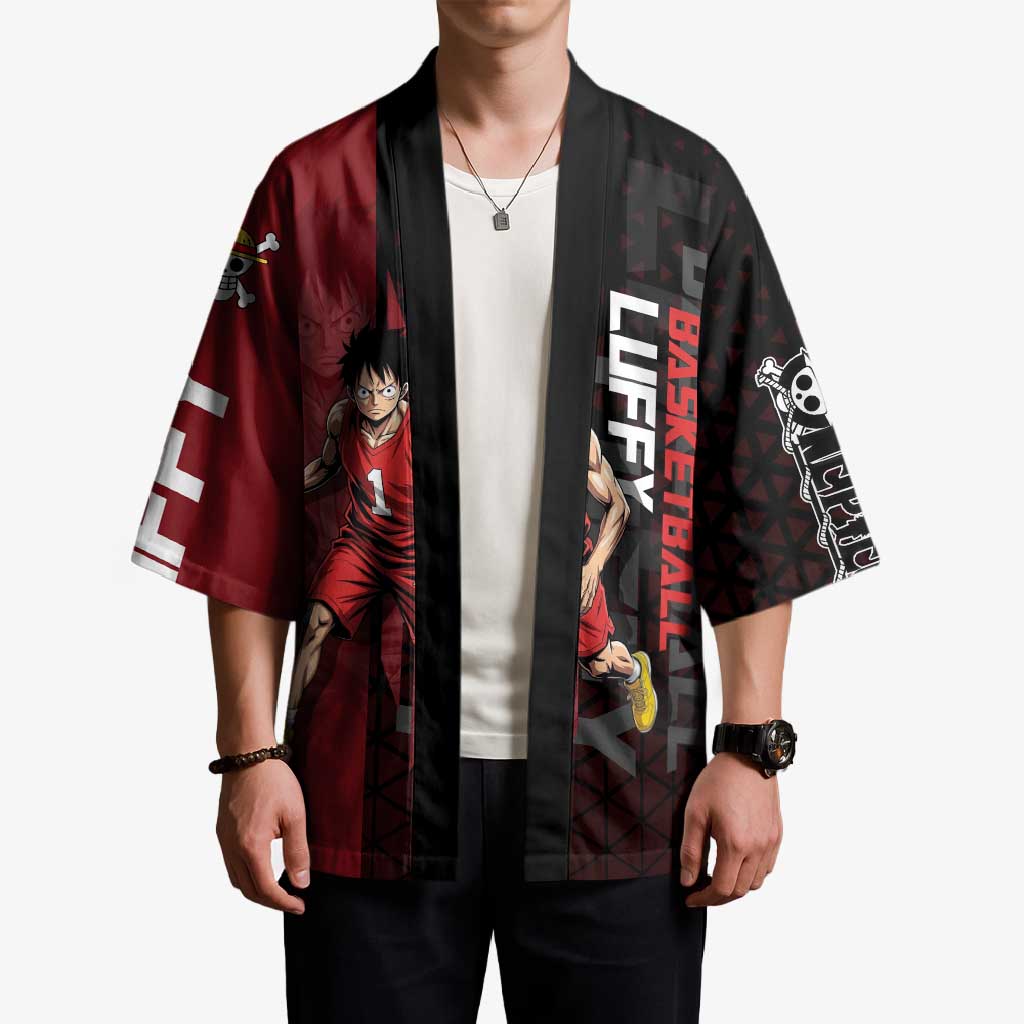 Luffy One Piece Basketball Theme Red and Black Design Kimono with Straw Hat Pirate Logo and Sports Pose - The Mazicc