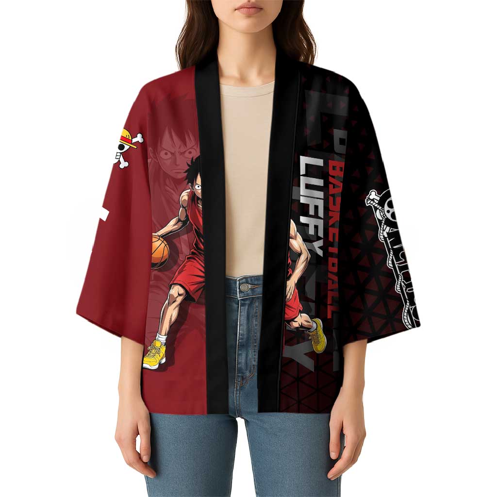 Luffy One Piece Basketball Theme Red and Black Design Kimono with Straw Hat Pirate Logo and Sports Pose - The Mazicc